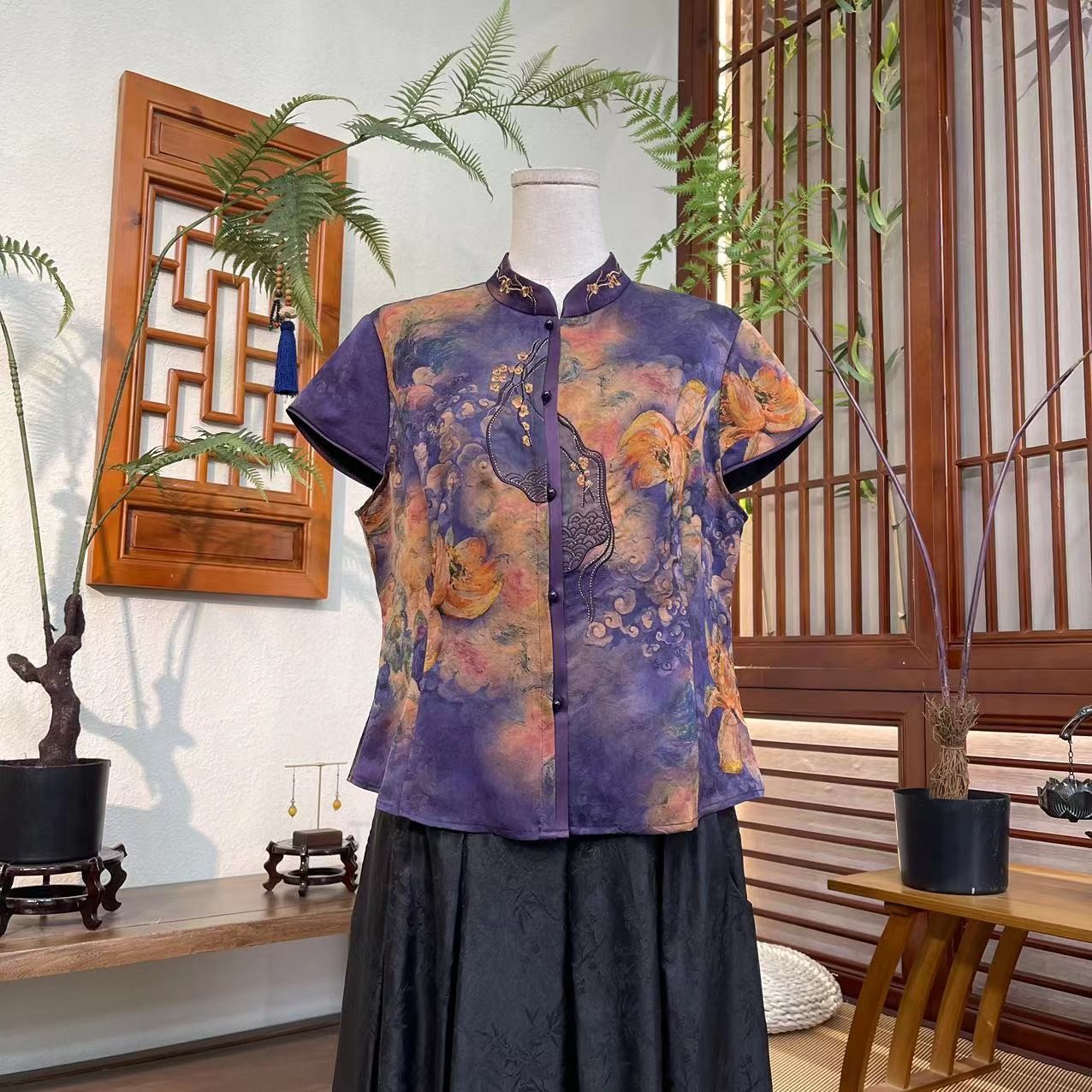 江南凤羽 【花颜如醉】轻中式雅致显瘦香云纱开衫上衣FY6126-1