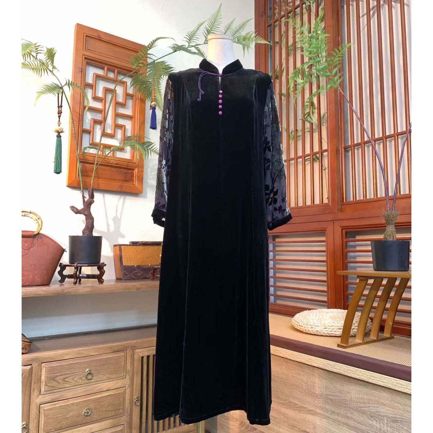 江南凤羽【秋晓画眉】复古轻中式立领显瘦桑蚕丝丝绒连衣裙FY66100