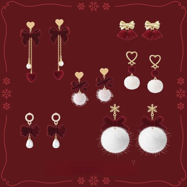 合金耳饰 新年红色植绒蝴蝶结毛球耳钉小众设计耳环甜美圣诞耳饰.