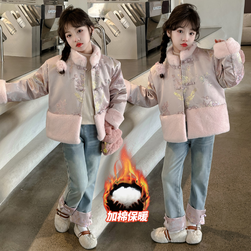 女童拜年套装冬季加绒加厚棉服2024新款国风唐装棉服牛仔裤两件套