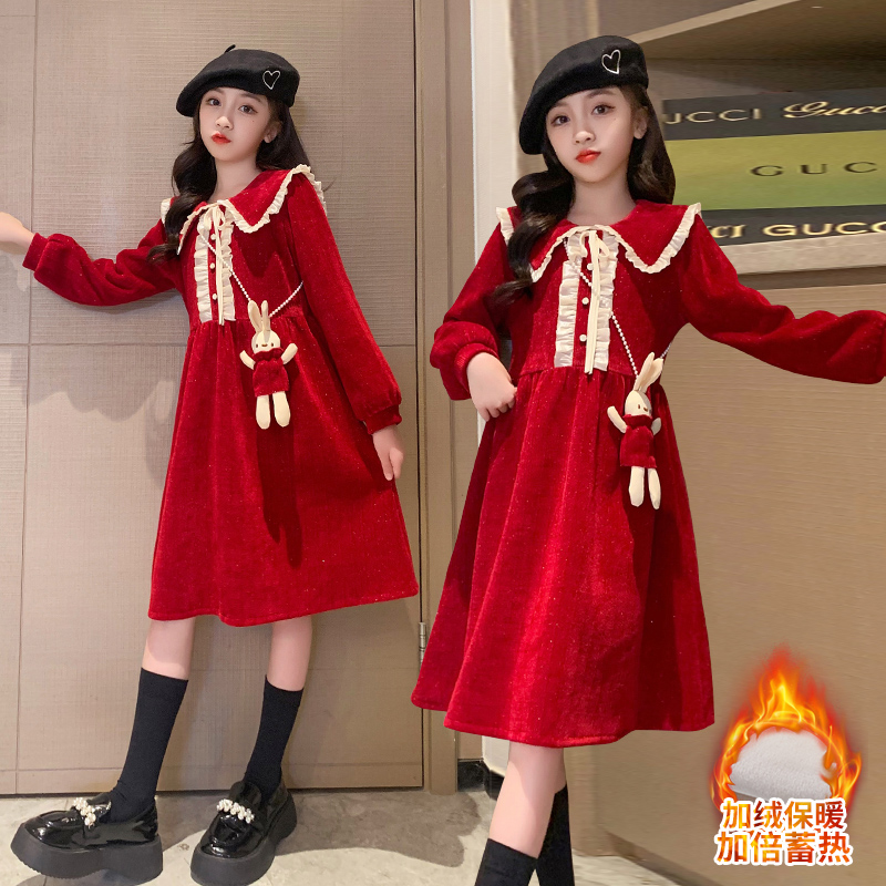 女童裙子加绒2023冬装新款大童女孩洋气连衣裙春节拜年红色公主裙