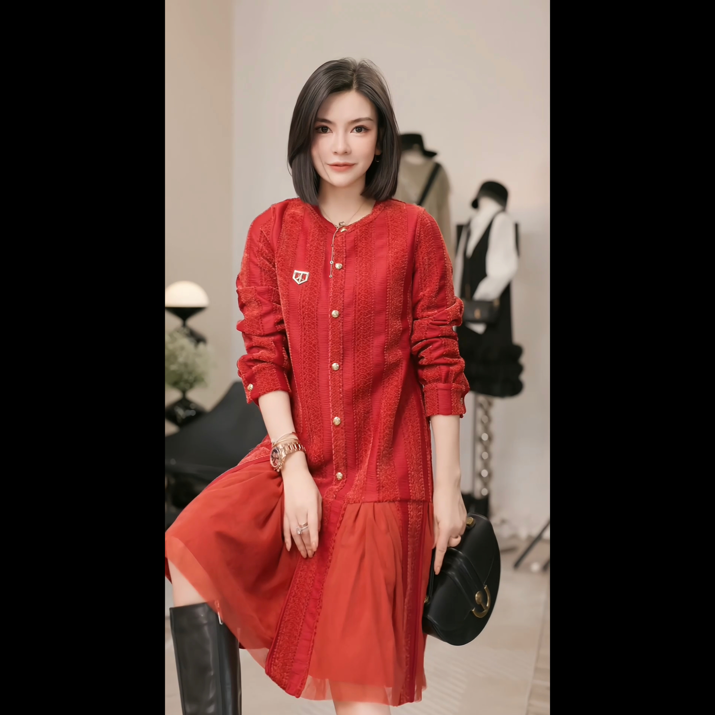 【燕子设计师品牌】红色宝石 拼接丝边百搭显瘦连衣裙 18080 D