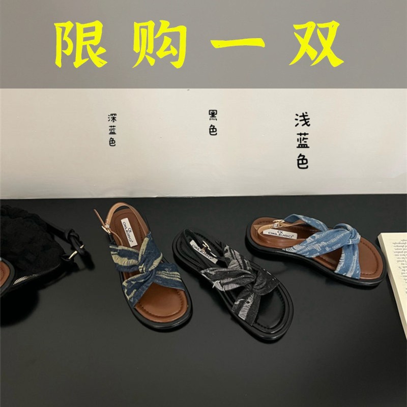 红蜻蜓牌厚底凉鞋女2023夏新款牛仔布交叉带一字扣仙女风时装沙