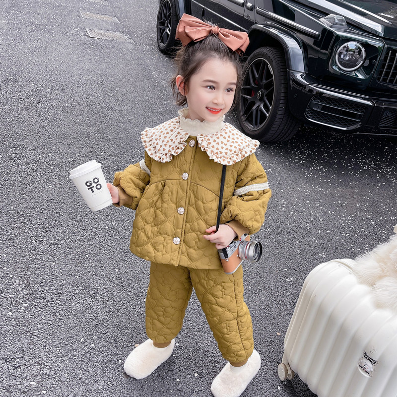 女童加厚套装秋冬季2023新款儿童冬装洋气夹棉宝宝加绒外套两件套