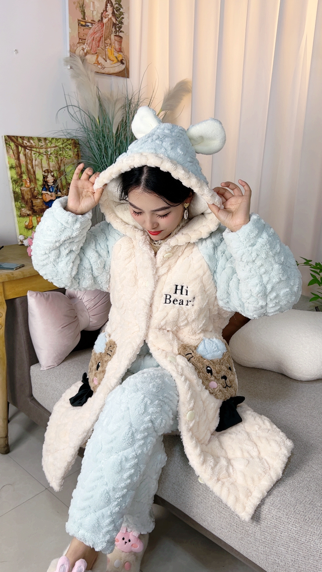 2023新款冬季甜美三层夹棉加厚家居服女套装加绒保暖长袍1182