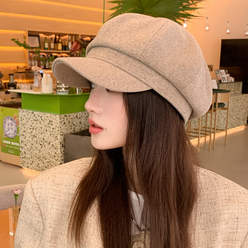 贝雷帽女2023新款春秋大头围日系冬季显脸小画家帽黑色报童八角帽