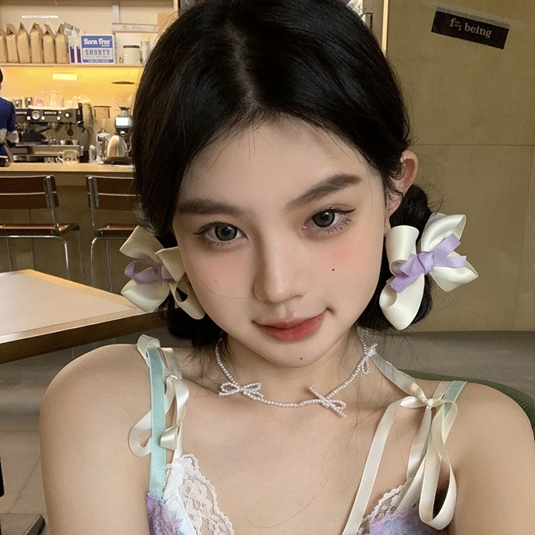 撞色拼色蝴蝶结发夹双层丝带头饰甜美小众边夹公主头夹子多巴胺