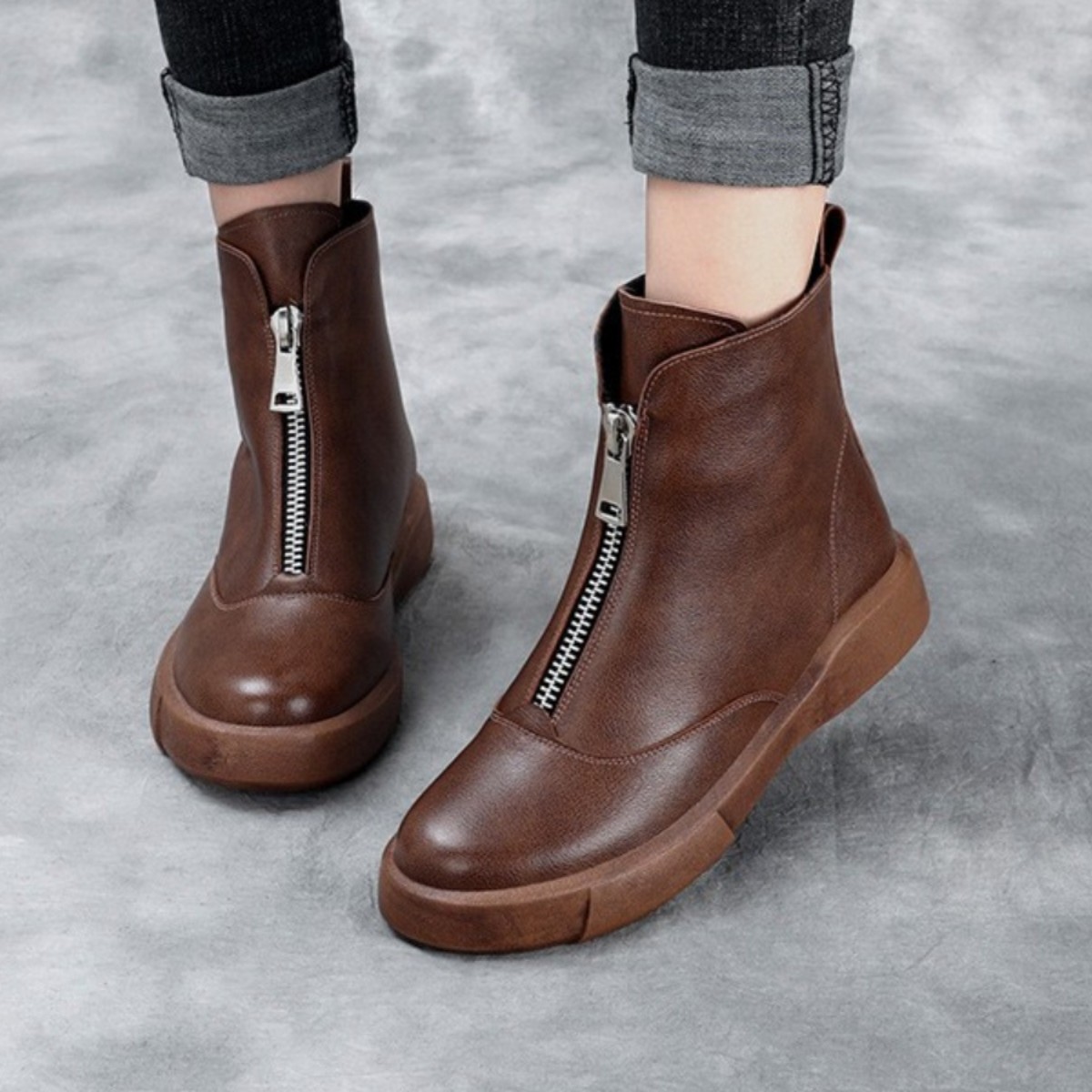 网红马丁靴女2023年秋冬季新款前拉链短靴百搭时尚洋气厚底瘦瘦靴