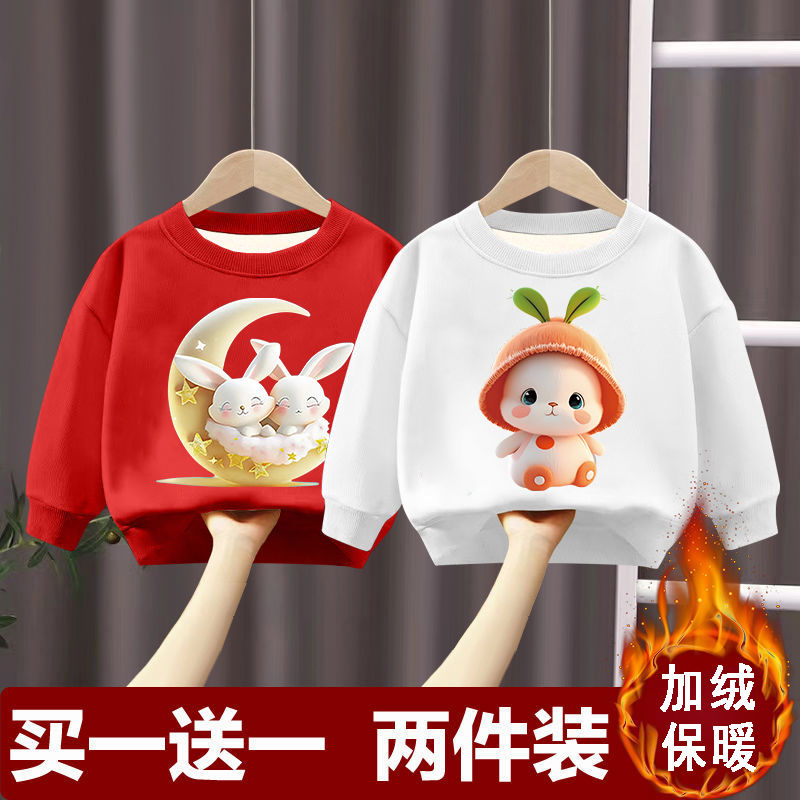 加绒加厚女童卫衣秋冬款圆领中小童新款秋装上衣儿童洋气宽松长袖