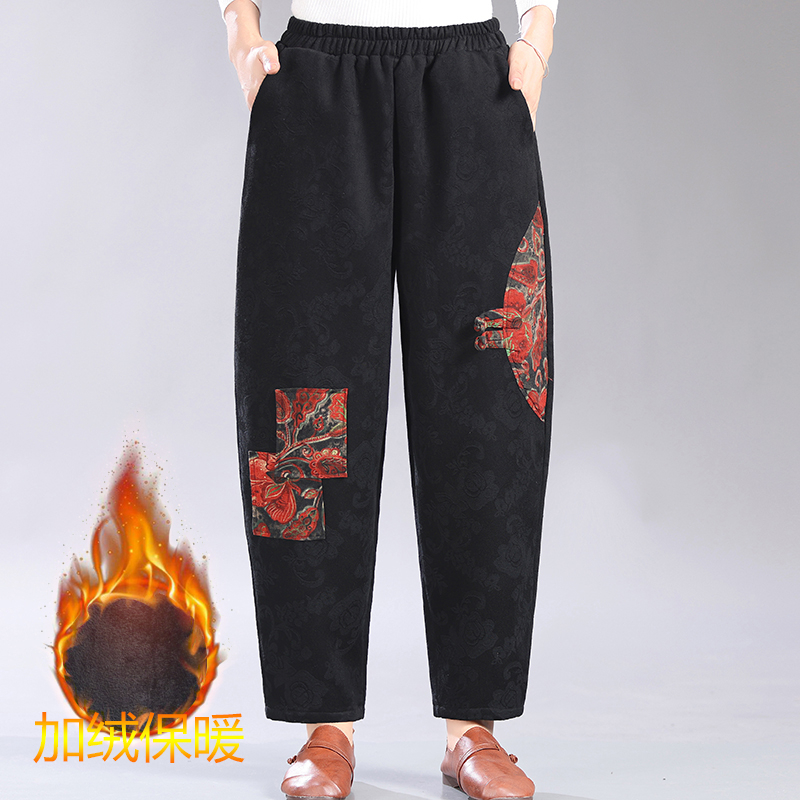 中国风加绒萝卜裤女秋冬新款宽松民族风灯笼裤提花中式休闲裤子