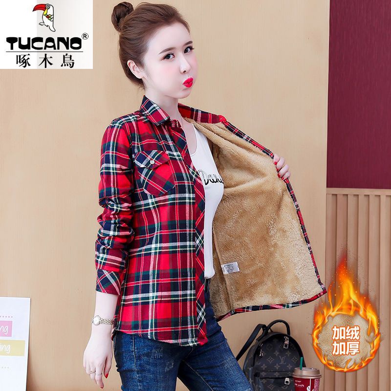 啄/木/鸟/格子衬衫女长袖秋冬新款女装上百搭打底大码韩版冬季休