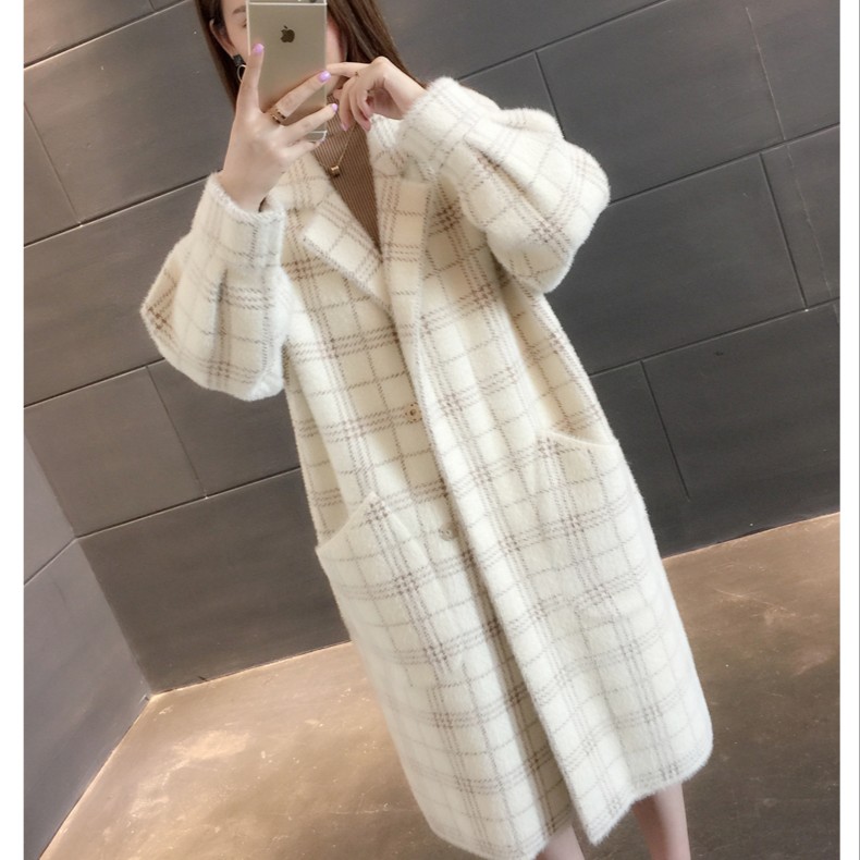 2176气质百搭双面绒中长款格子外套宽松西装领大衣春季新款女装