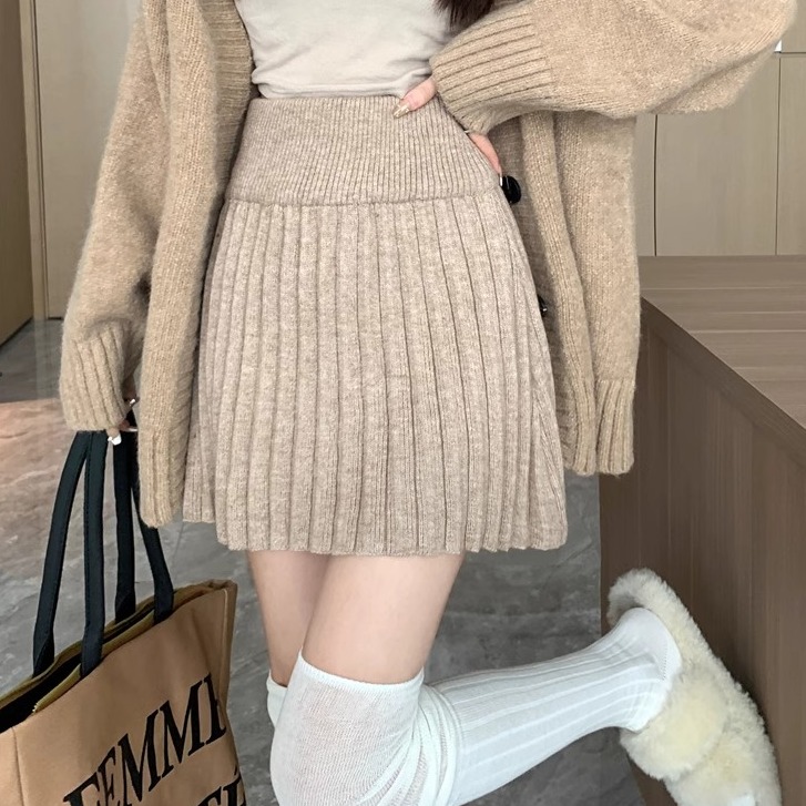 针织百褶a半身裙女秋冬季新款高腰显瘦a字裙子小个子辣妹短裙气质