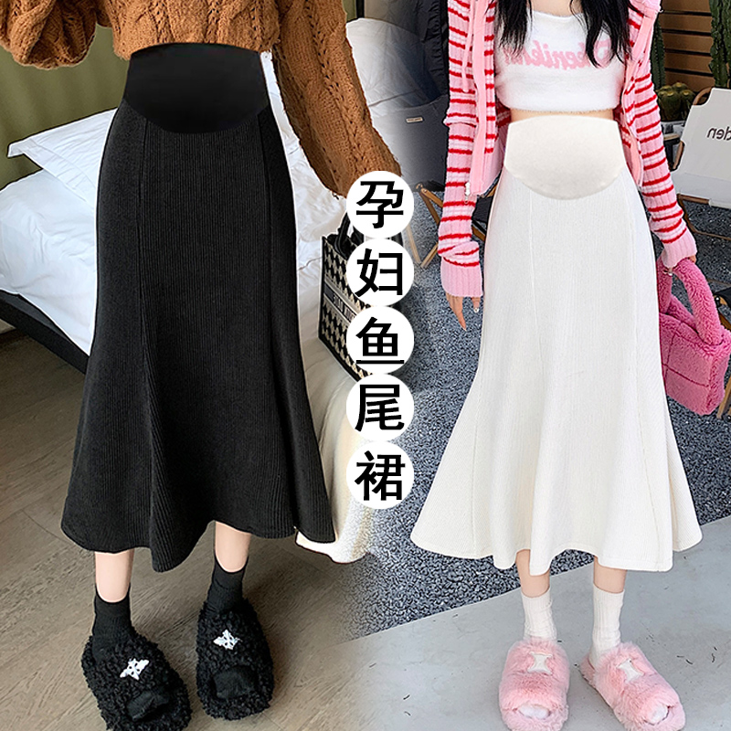 孕妇鱼尾半身裙女秋冬季新款中长款高腰加厚百搭外穿显瘦裙子A字