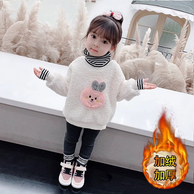 女童羊羔绒圆领长袖卫衣2023冬装新款小女孩卡通加绒加厚上衣宝宝