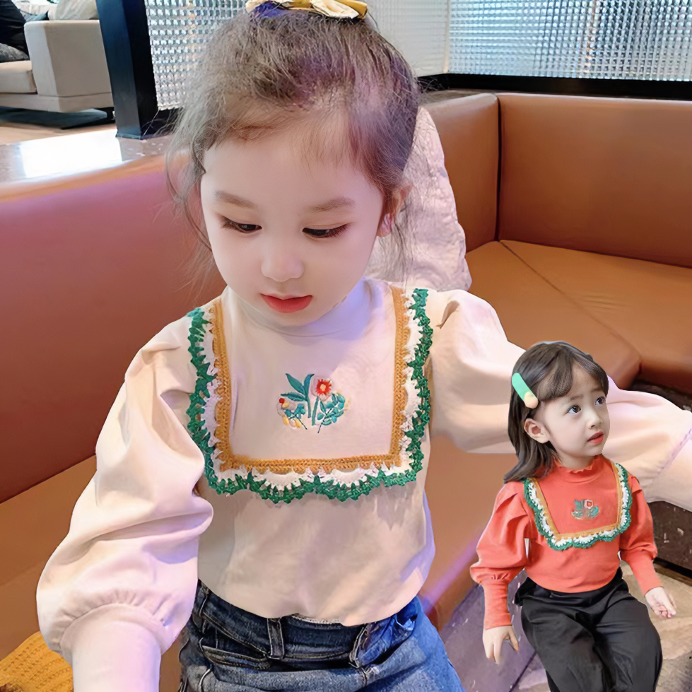女童秋装T恤儿童花朵刺绣灯笼袖百搭洋气打底衫上衣春秋女AS004