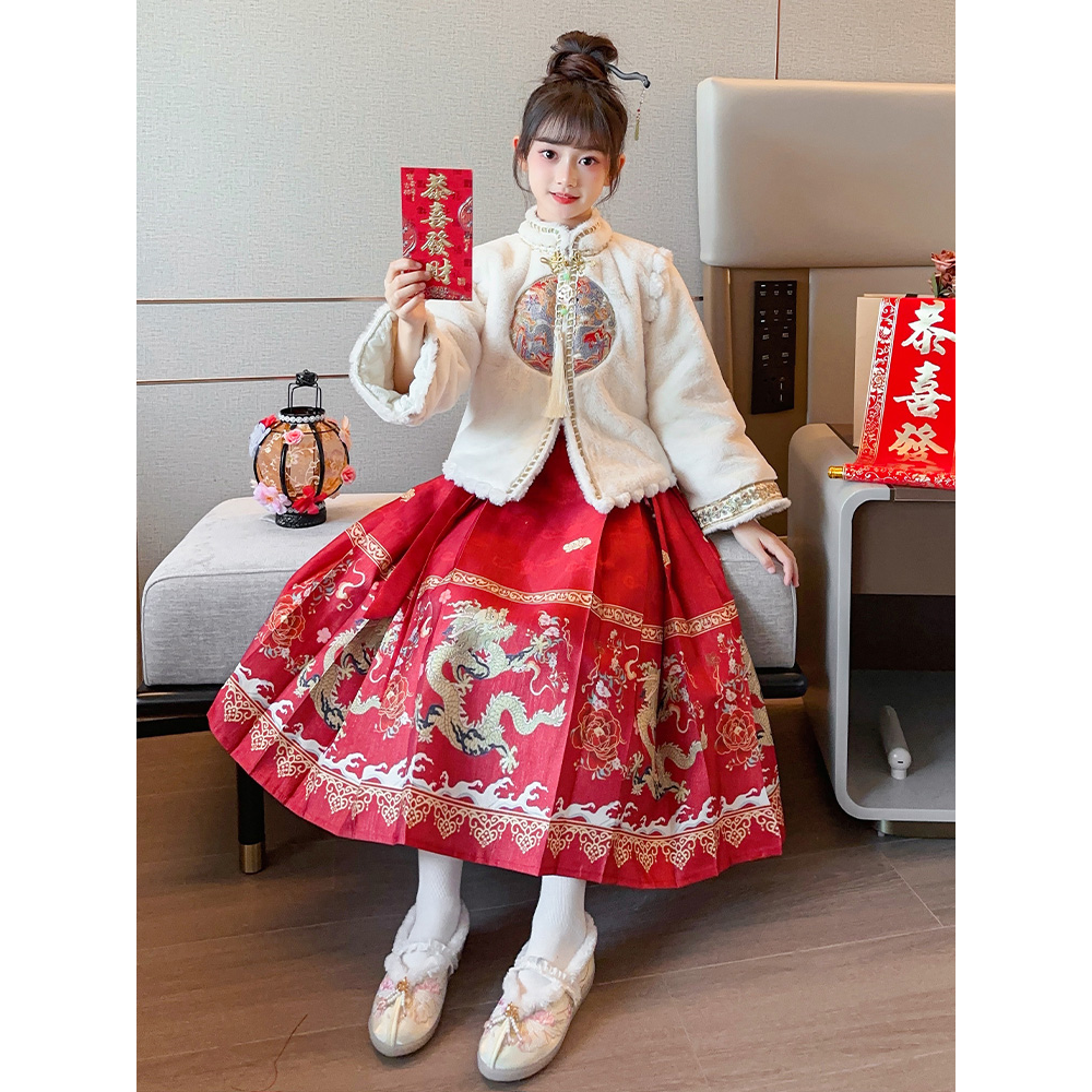 龙年新款女童加绒马面裙2023秋冬装新款儿童加厚汉服套装小女孩