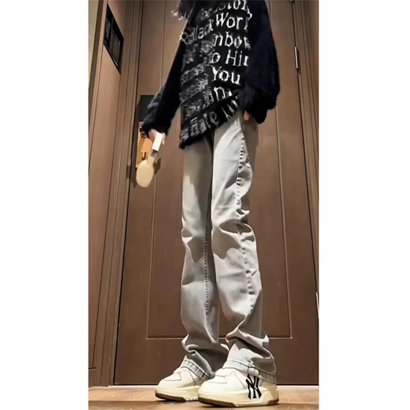 美式vibe风牛仔裤男款春季潮牌痞帅水泥色直筒裤潮牌显瘦微喇长裤