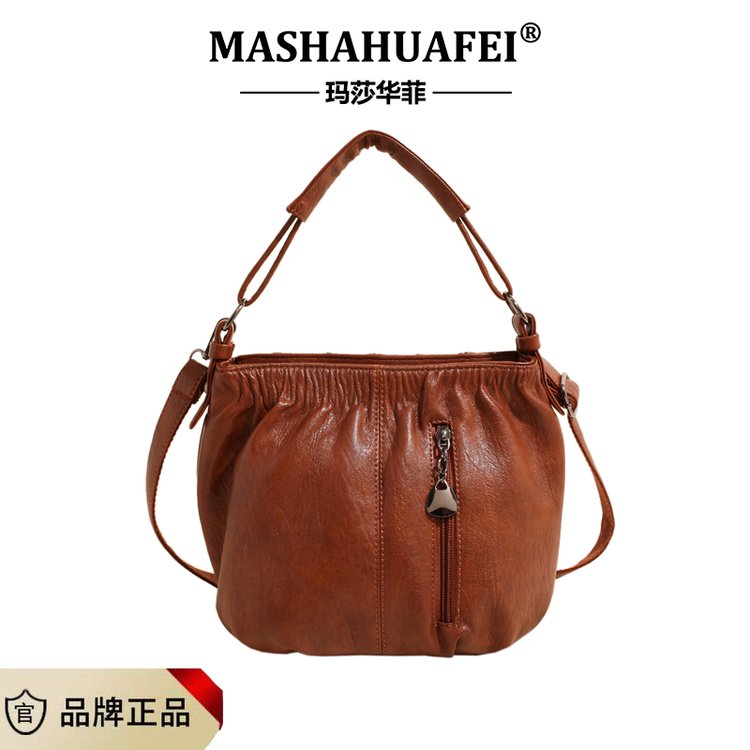 休闲单肩百搭女士水桶包链条包包包拉链褶皱包斜挎包女包撞色