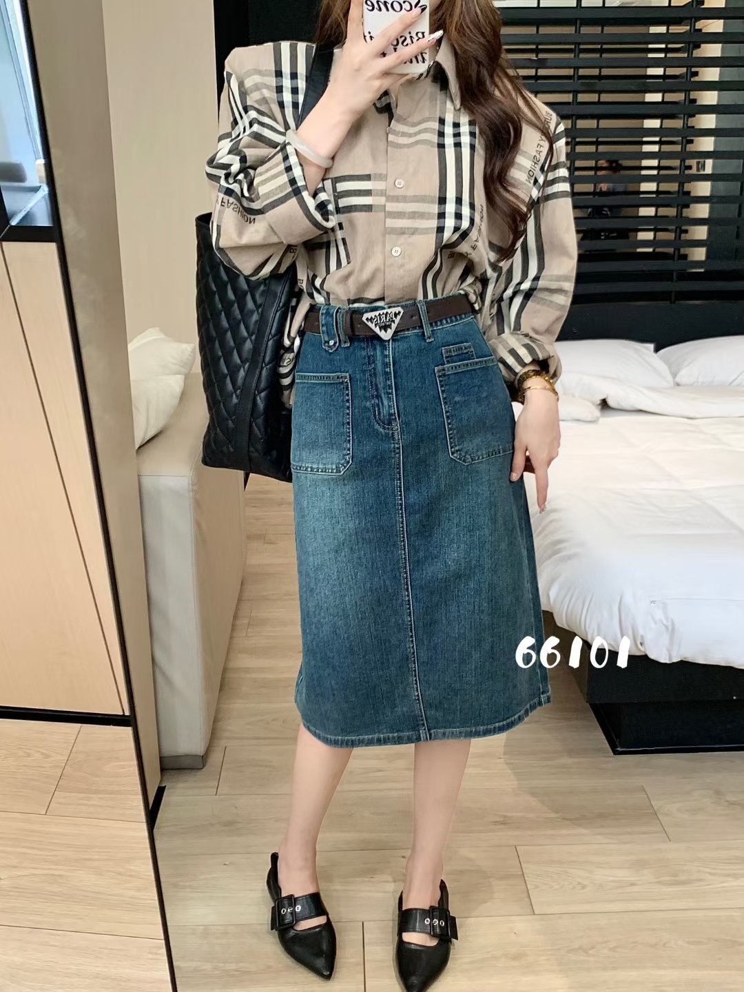 早秋女装新款方口袋牛仔半裙66101
