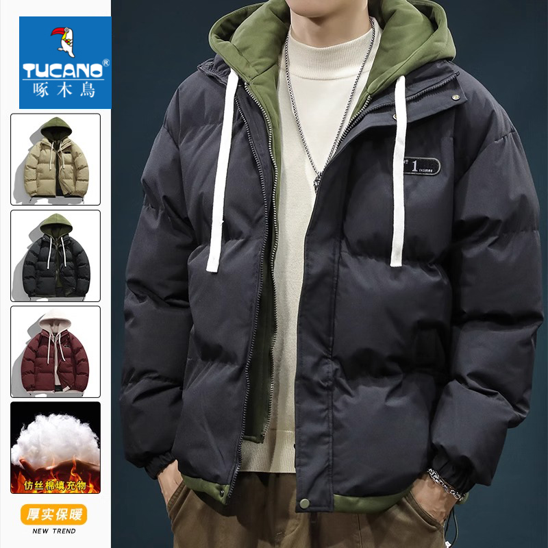 啄木鸟假两件棉服外套男士2023新款棉衣冬季学院风宽松百搭面包服