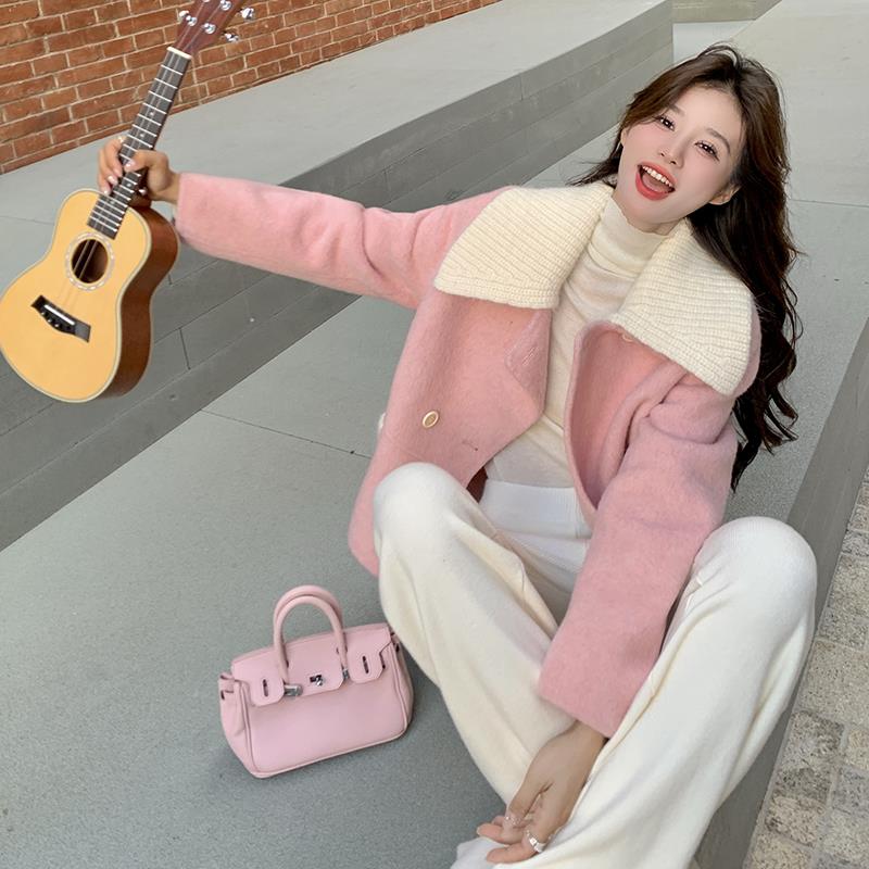 奶fufu粉色双面羊绒大衣女短款秋冬2023新款韩版小个子毛呢外套