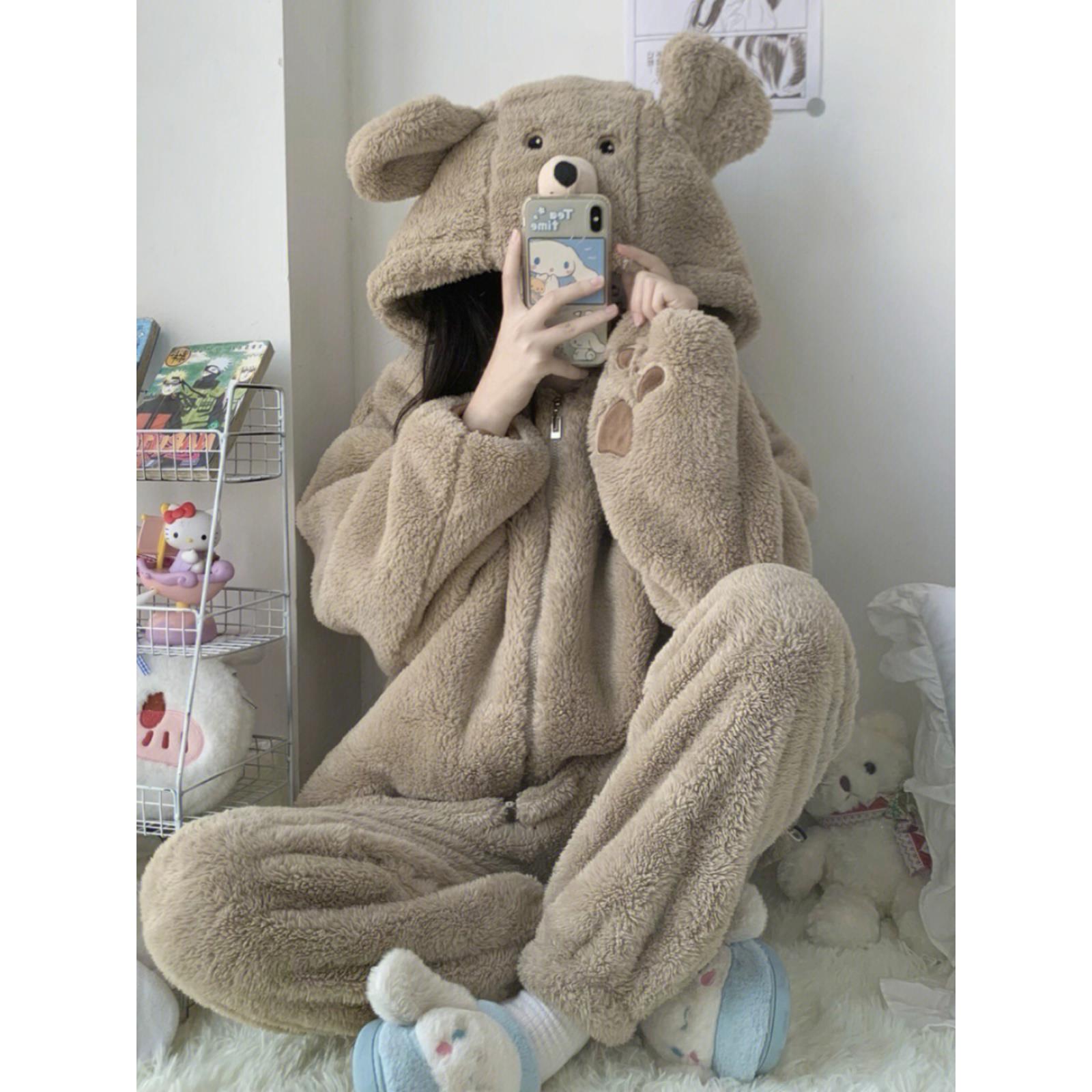 FAVMARTHA可爱小熊睡衣女秋冬季珊瑚绒加厚加绒外穿家居服套装冬