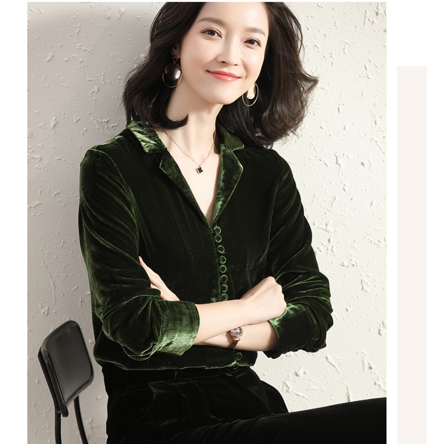 【9950】樱美嘉时尚洋气一颗海草 西装领多扣桑蚕丝丝绒长袖衬衫