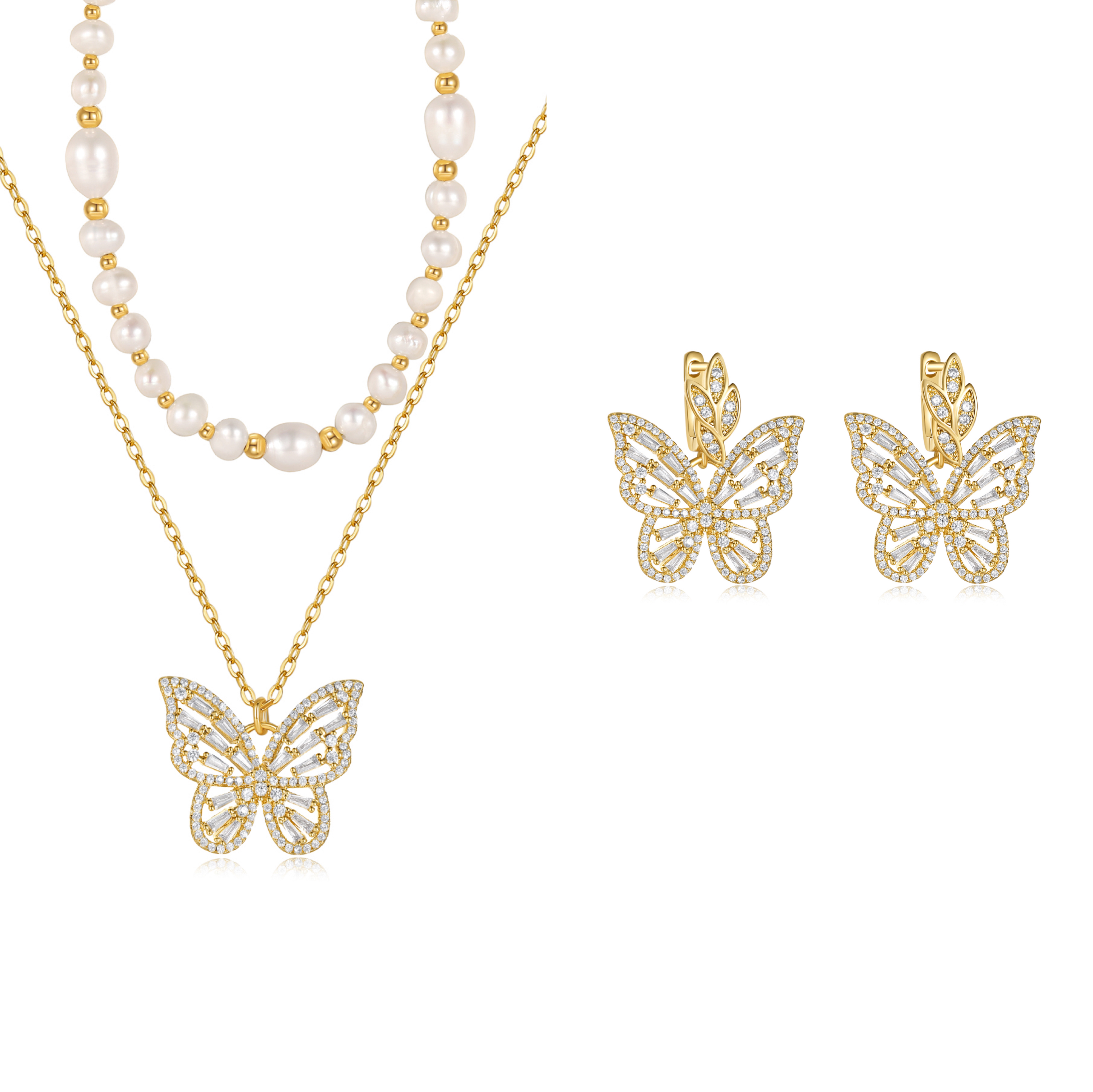 铜合金耳饰 SHAHIDAM蝴蝶双层项链 叶子蝴蝶耳环特别仙闪亮