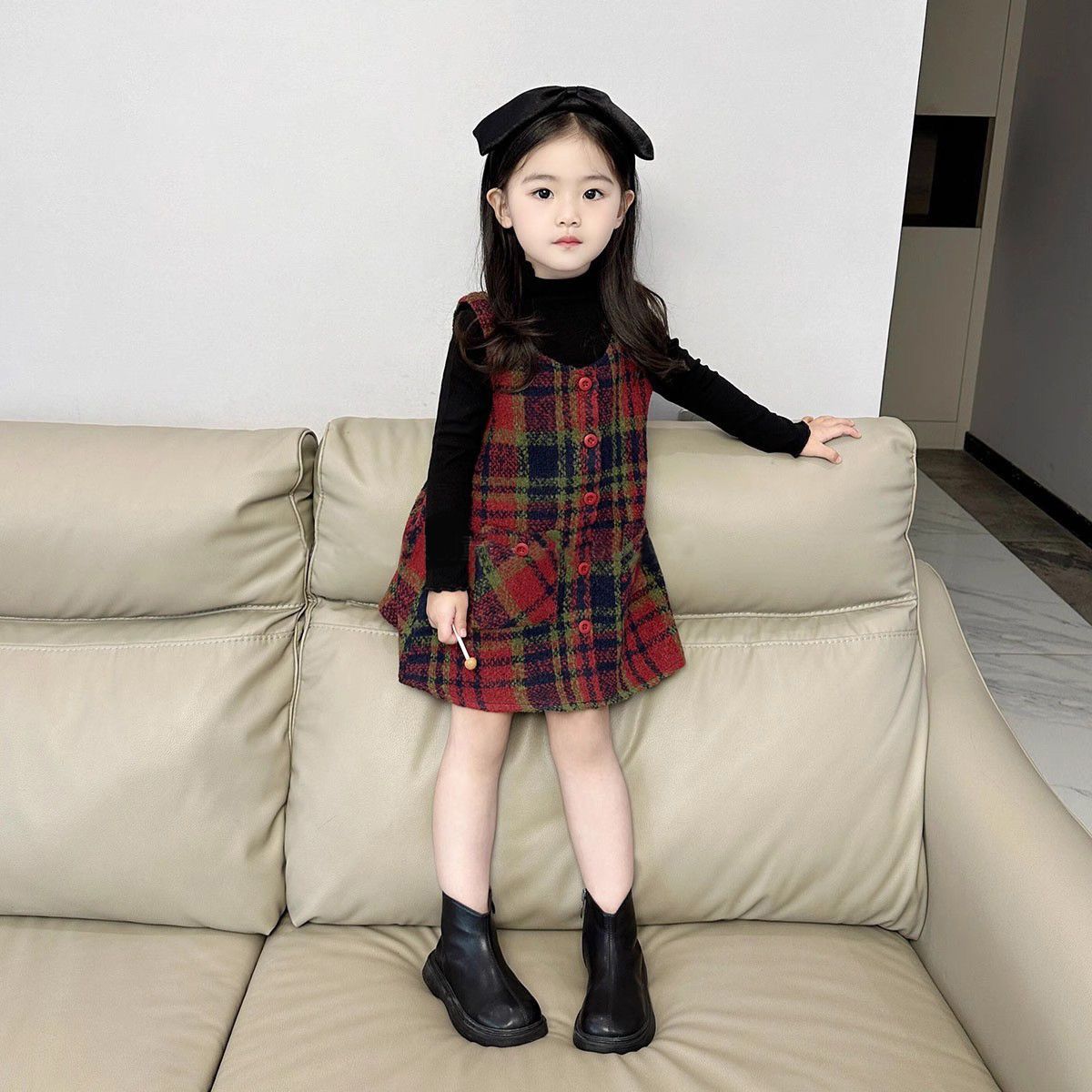 辰baby女童秋季套装2023新款中小童格子毛呢裙两件套洋气冬裙呢子
