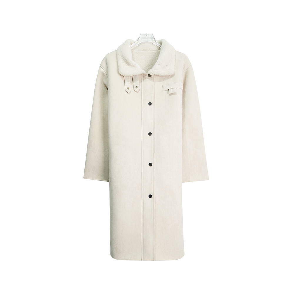 X8171【上新】时尚休闲百搭加绒加厚保暖绒毛米白色中长款翻领外套
