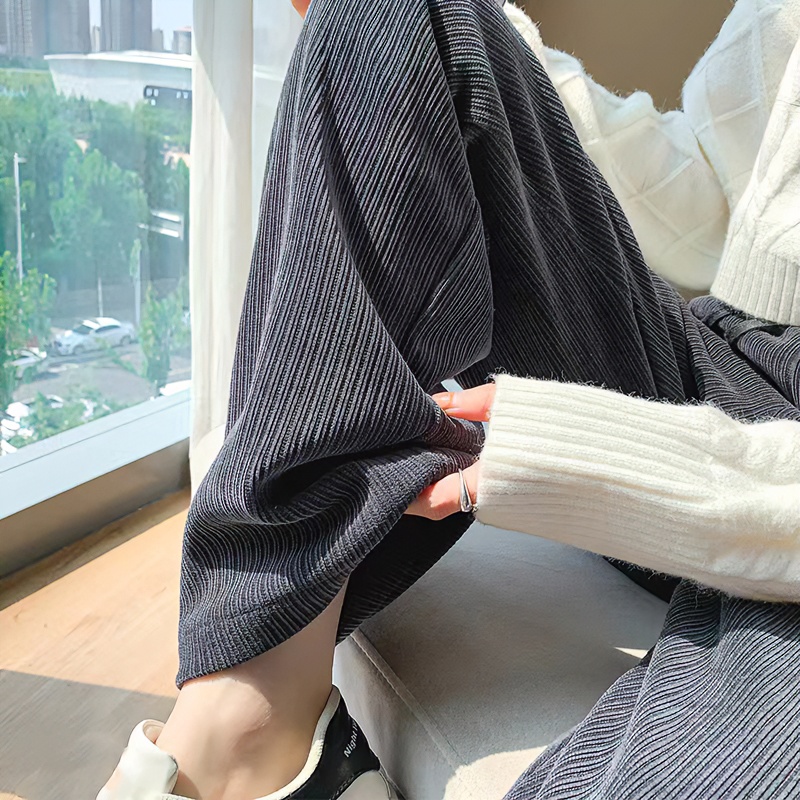 灰色雪尼尔阔腿裤女加绒裤子小个子垂感2023拖地裤窄版春秋直筒裤