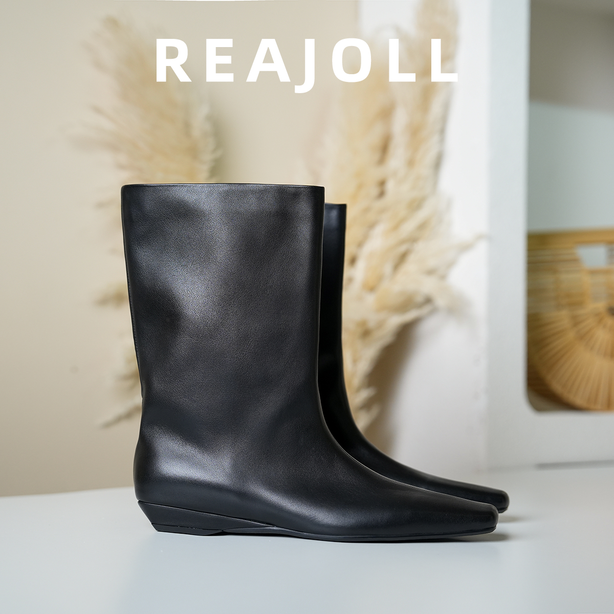 REAJOLL 时尚百搭黑色真皮方头秋冬网红坡跟宽筒直筒中筒靴子女