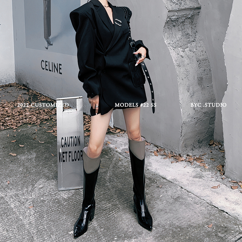 REAJOLL网红时尚百搭性感小众黑色高跟高筒设计感秋冬长筒靴子女