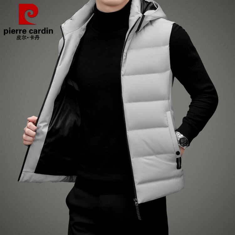 皮尔卡丹男士羽绒马甲2023秋冬新款连帽休闲坎肩外穿白鸭绒外套男