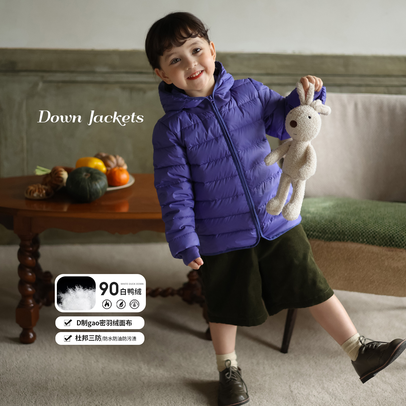 Y【杜邦三防】允儿妈女童冬季新款90白鸭绒连帽羽绒服