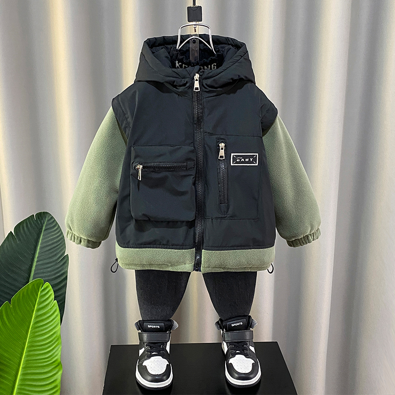 儿童装男童加绒外套秋冬季2023新款加厚冬装宝宝夹棉衣男孩棉服潮