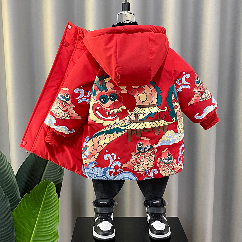 男童棉衣外套冬季加厚中长款新年衣服宝宝拜年服喜庆中国风喜庆潮