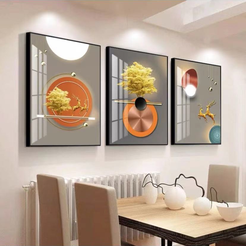 大气高级轻奢晶瓷镶钻现代简约三联画装饰画轻奢客厅餐厅现代挂画