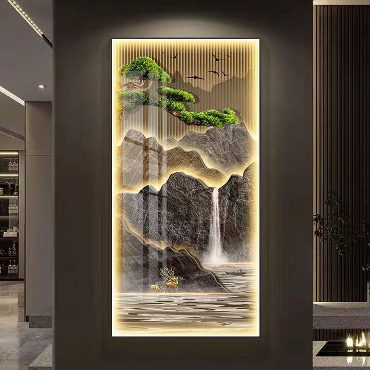 【灯光画】带灯玄关画高山流水迎客松聚寳盆新中式办公室挂画