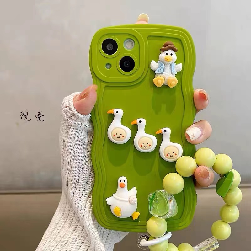 适用苹果vivo华为oppo小米立体鸭子手链防摔波浪绿色软硅胶手机壳
