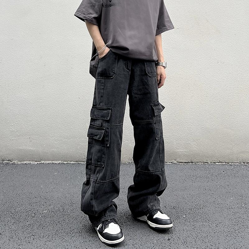 街头复古工装牛仔裤男日系水洗多口袋潮流宽松百搭直筒阔腿老爹裤