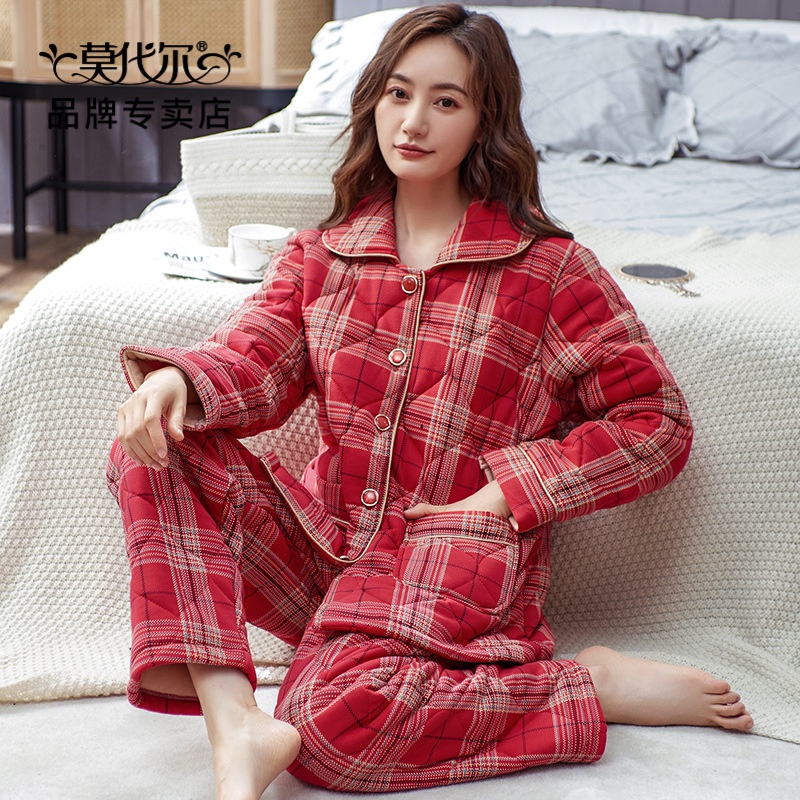 夹棉睡衣女冬季三层加厚时尚保暖家居服冬莫代尔套装