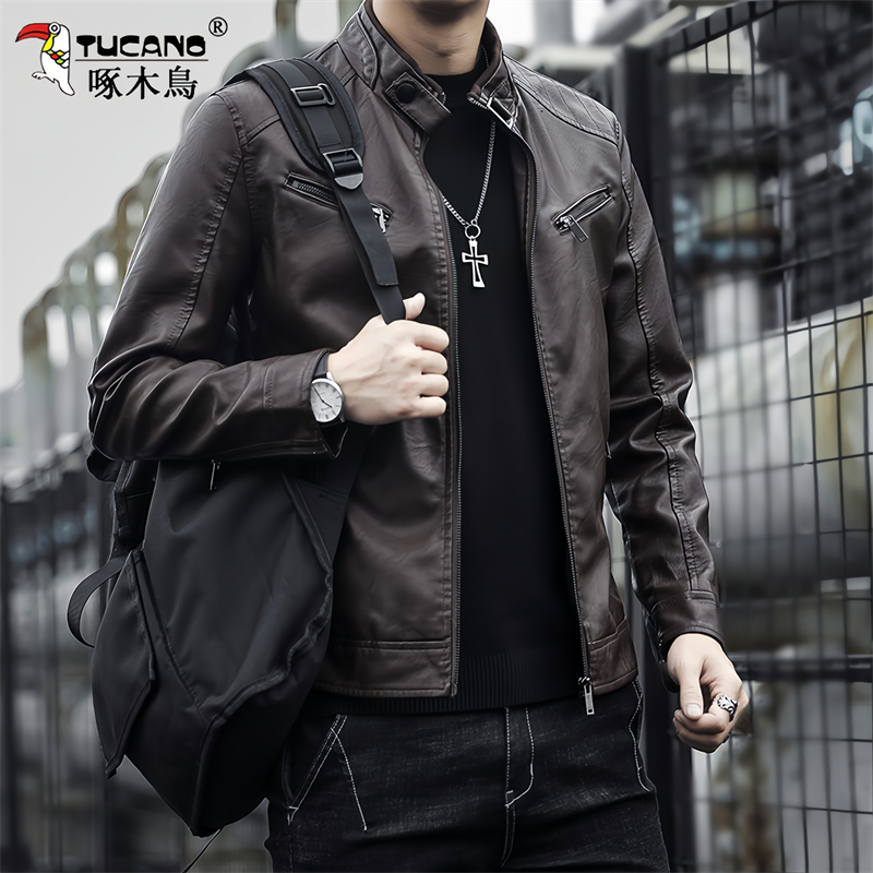 啄木鸟上衣皮夹克男士秋季韩版潮流时尚机车服工装外套男款皮衣服