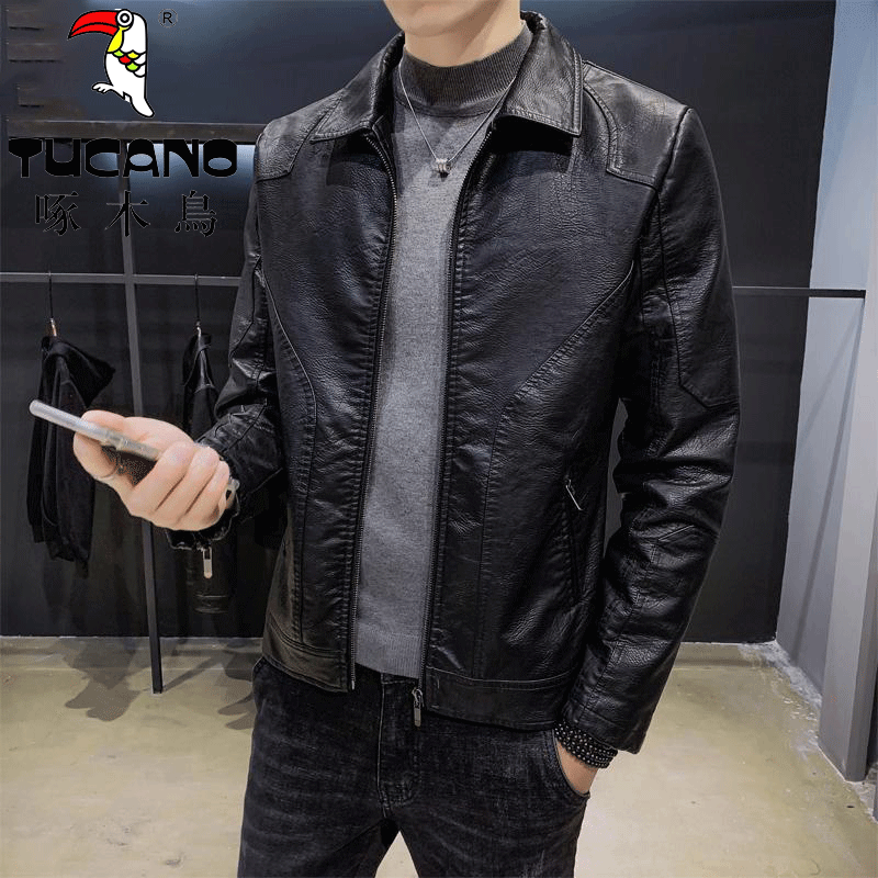 TUCANO/啄木鳥专柜男士皮衣春秋季休闲潮流机车外套翻领皮夹克男