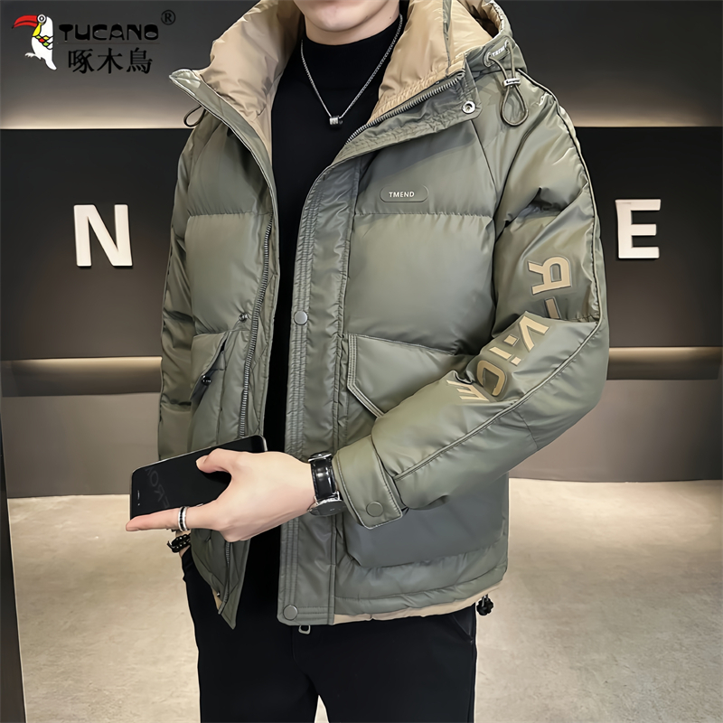 啄木鸟轻薄羽绒服男短款冬季潮牌新款立领印花加厚男士冬装外套