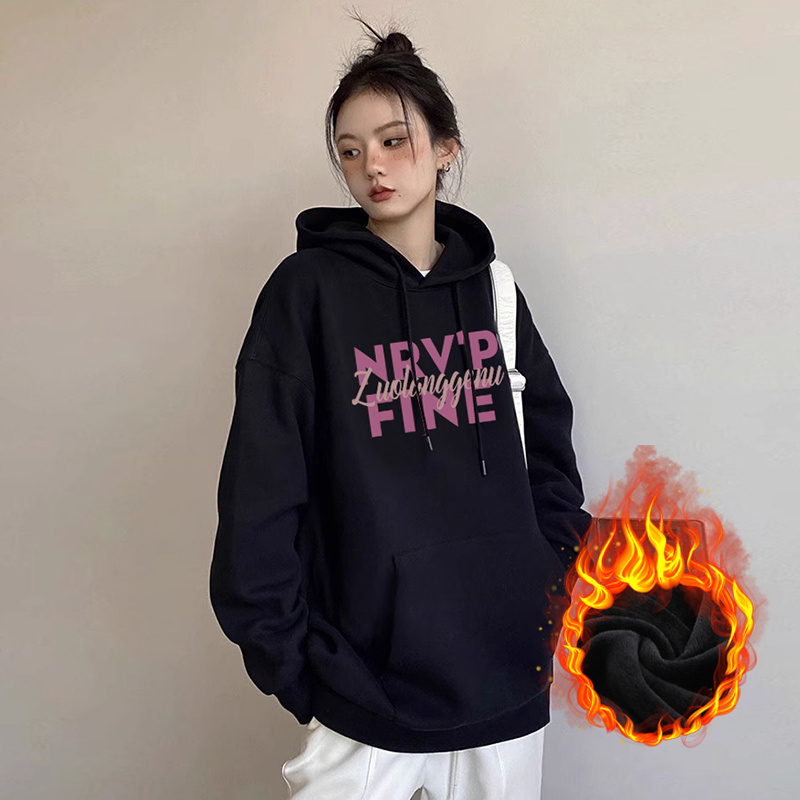 oversize加绒宽松字母印花连帽卫衣女潮牌大码上衣秋冬季新款长袖