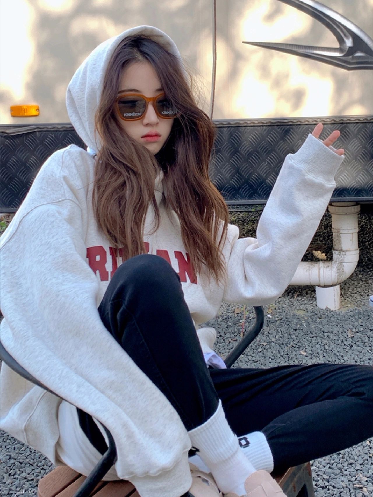 灰色连帽卫衣女春秋新款美式复古炸街字母显瘦宽松oversize上衣潮