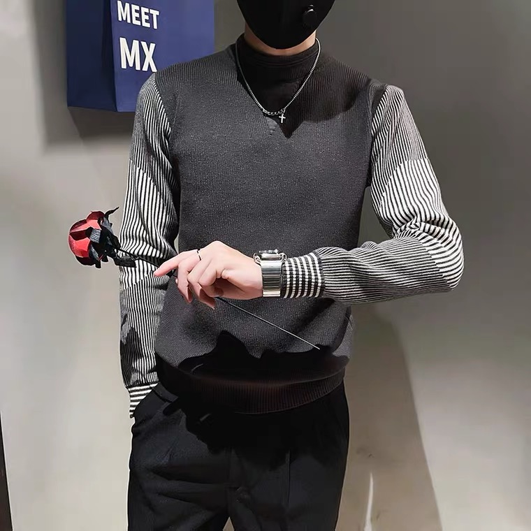 【小扬哥专属】假两件毛衣男士痞帅潮牌条纹上衣外套秋冬装高级感