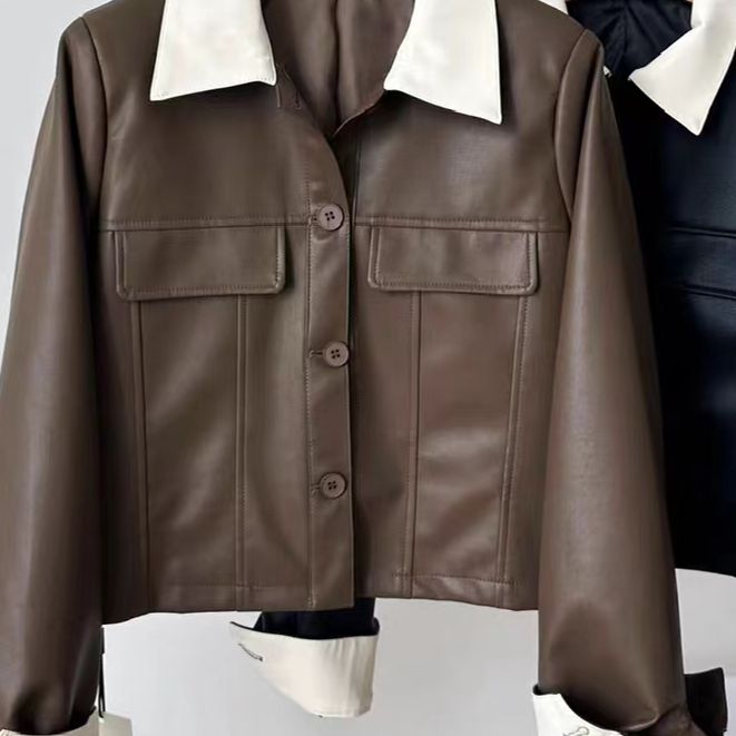 秋季新款撞色翻领短款宽松长袖皮衣外套H5735 WU